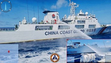 سفينة لخفر السواحل الصينيين تطلق خراطيم المياه على سفينة لخفر السواحل الفيليبينيين بالقرب من سكند توماس شول (5 آب 2023ـ أ ف ب). 