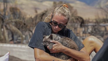 امرأة تحتضن قطتها بعد أن وجدتها في أعقاب حريق في لاهاينا، غرب ماوي، هاواي (11 آب 2023 - أ ف ب).
