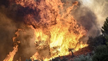 نيران مشتعلة بغابات بالقرب من برودروموس شمال شرق أثينا (21 آب 2023، أ ف ب). 