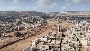 لقطة من فيديو نشرته قناة "المسار" الليبية في 13 أيلول 2023، ويظهر أضرارا جسيمة خلفتها الفيضانات في درنة شرق ليبيا (أ ف ب).