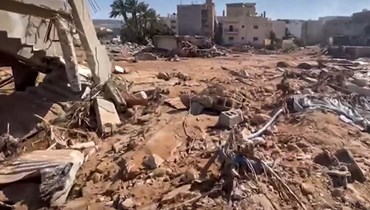 لقطة من فيديو نشرته قناة "المسار" الليبية في 13 أيلول 2023، ويظهر أضرارا جسيمة خلفتها الفيضانات في درنة شرق ليبيا (أ ف ب).