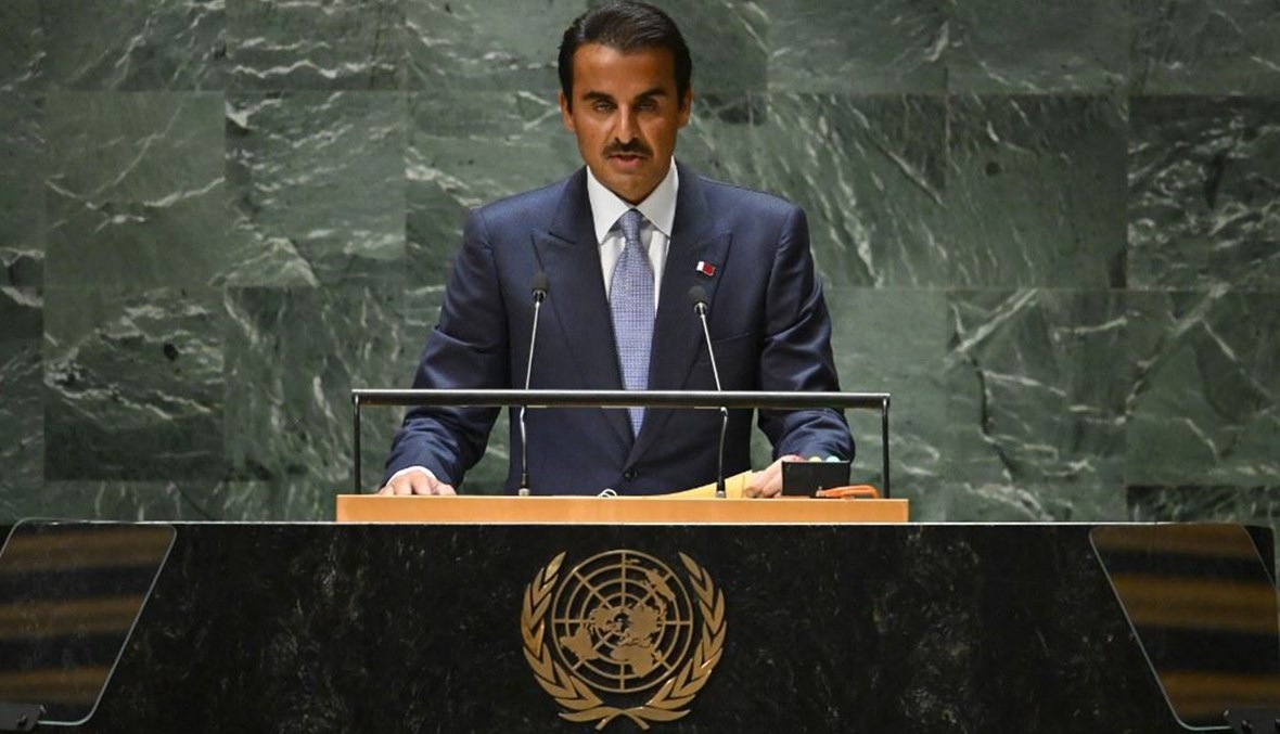 مير دولة قطر تميم بن حمد آل ثاني على منبر الأمم المتحدة في نيويورك (أ ف ب).