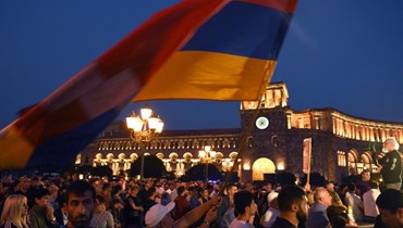 الأرمن يشاركون في تظاهرة في يريفان في 21 أيلول 2023، رداً على العمليات العسكرية الأذربيجانية في ناغورني- كراباخ (أ ف ب).