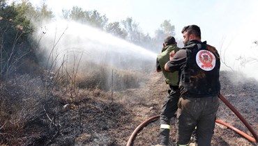 عناصر في الدفاع المدني يعملون على إطفاء حرائق الغابات التي تلهمها النيران جراء القصف الإسرائيلي وإلقاء القنابل الفسفورية. (أ ف ب)