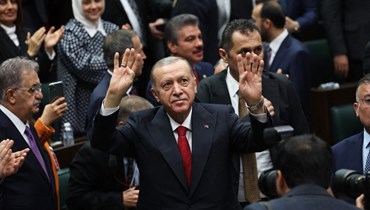 إردوغان خلال اجتماع مجموعة حزبه في الجمعية الوطنية التركية الكبرى في أنقرة (15 ت2 2023ـ أ ف ب).