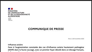 بيان وزارة الزراعة الفرنسية حول تفشي فيروس أنفلونزا الطيور (28 ت2 2023- اكس).