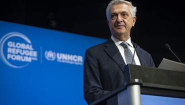 غراندي يلقي كلمة خلال الجلسة الافتتاحية للمنتدى العالمي للاجئين في جنيف (13 ك1 2023، أ ف ب).