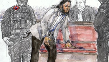 صورة ارشيفية- رسم يظهر صلاح عبدالسلام خلال محاكمته في محكمة قصر العدل في بروكسيل (7 شباط 2018، أ ف ب).