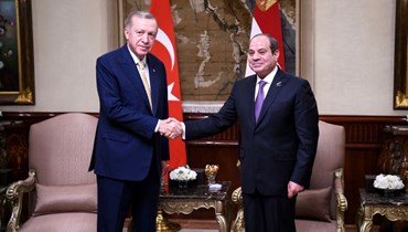 مصافحة بين السيسي وإردوغان في القاعة الرئاسية بمطار القاهرة الدولي (14 شباط 2024، أ ف ب). 