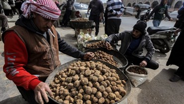 صورة ارشيفية- تجار يعرضون كمأهم في سوق في حماه وسط سوريا (6 آذار 2023، أ ف ب).