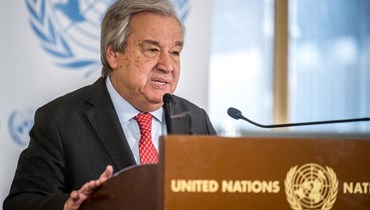 أمين عام الأمم المتحدة أنطونيو غوتيريس يتحدث إلى الصحافة في افتتاح الدورة الخامسة والخمسين لمجلس حقوق الإنسان في جنيف في (26 شباط 2024 - أ ف ب).