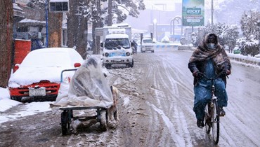 رجل أفغاني يمر بدراجة في أحد الشوارع وسط تساقط الثلوج في هرات (27 شباط 2024، أ ف ب).