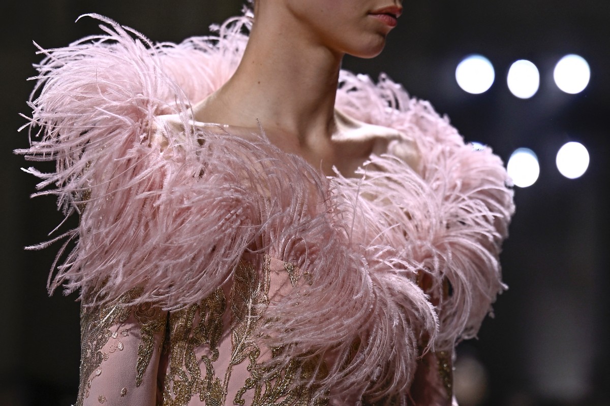 In footage – attire with diamonds by Elie Saab at Haute Couture Week in Paris